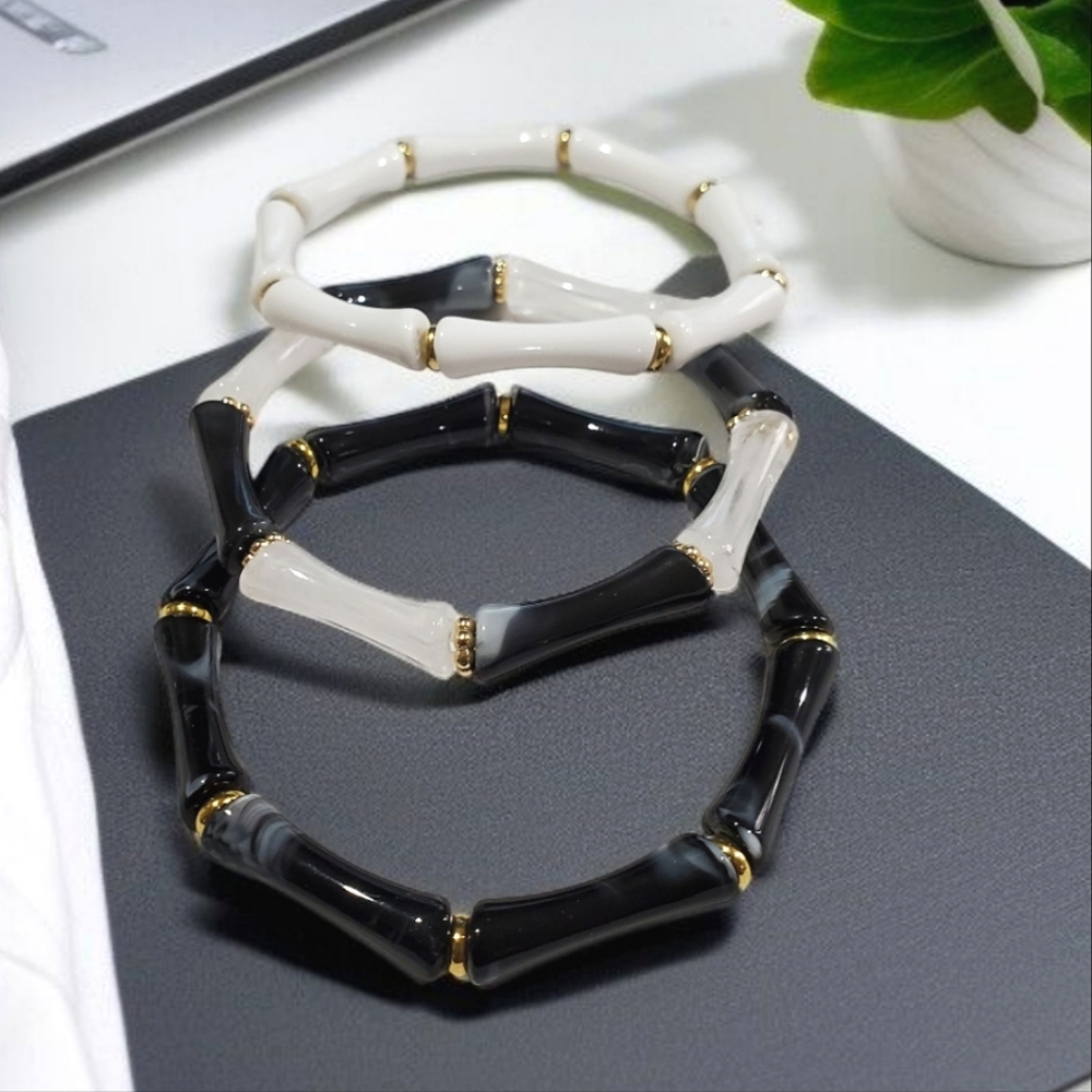 Triple Stack Bundle Bamboo Lucite White & Black Bracelets